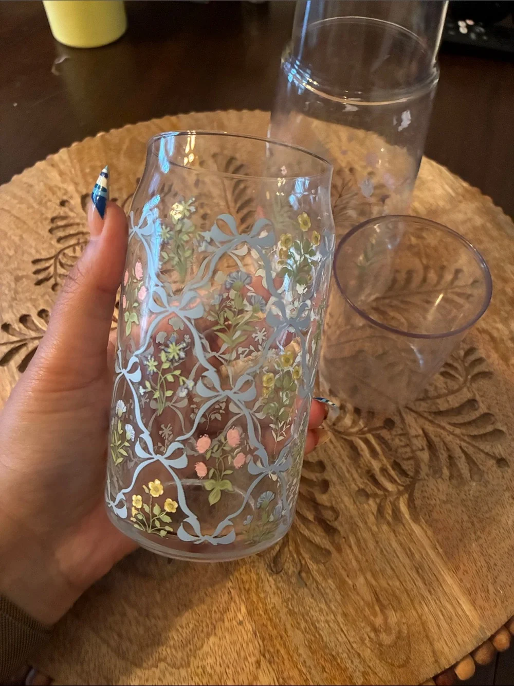 Stanley Yellow Tumbler with Floral Patterned Glasses